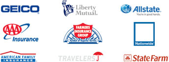 Logos of insurance companies Delaware Auto Glass are able to directly bill including Geico, Liberty Mutual, Allstate, AAA, Farmers, Nationwide, American Family, Travelers and State Farm
